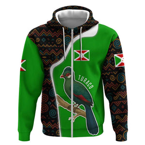 Burundi Turaco Zip Hoodie with National Bird and Flag Pattern