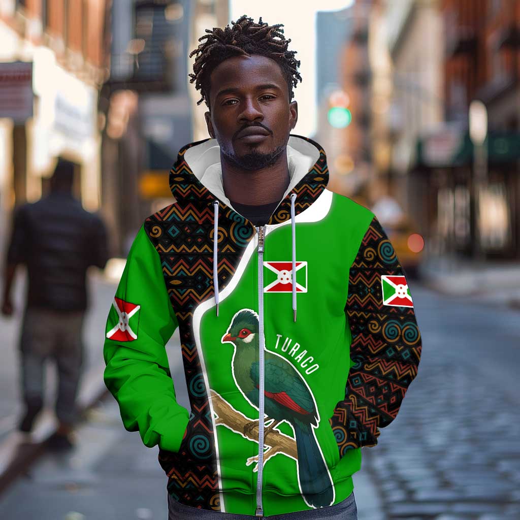 Burundi Turaco Zip Hoodie with National Bird and Flag Pattern by