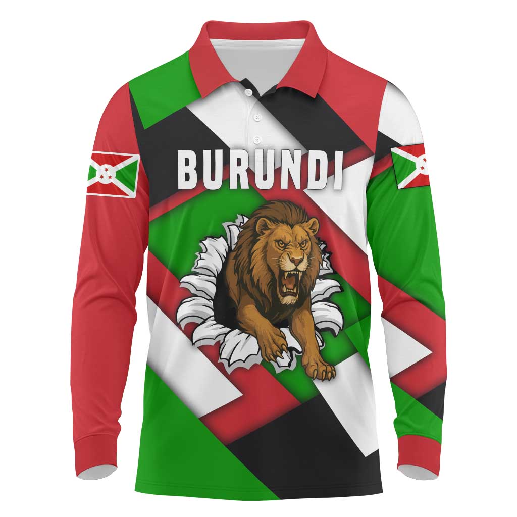 Burundi Roaring Lion Long Sleeve Polo Shirt with National Flag Colors