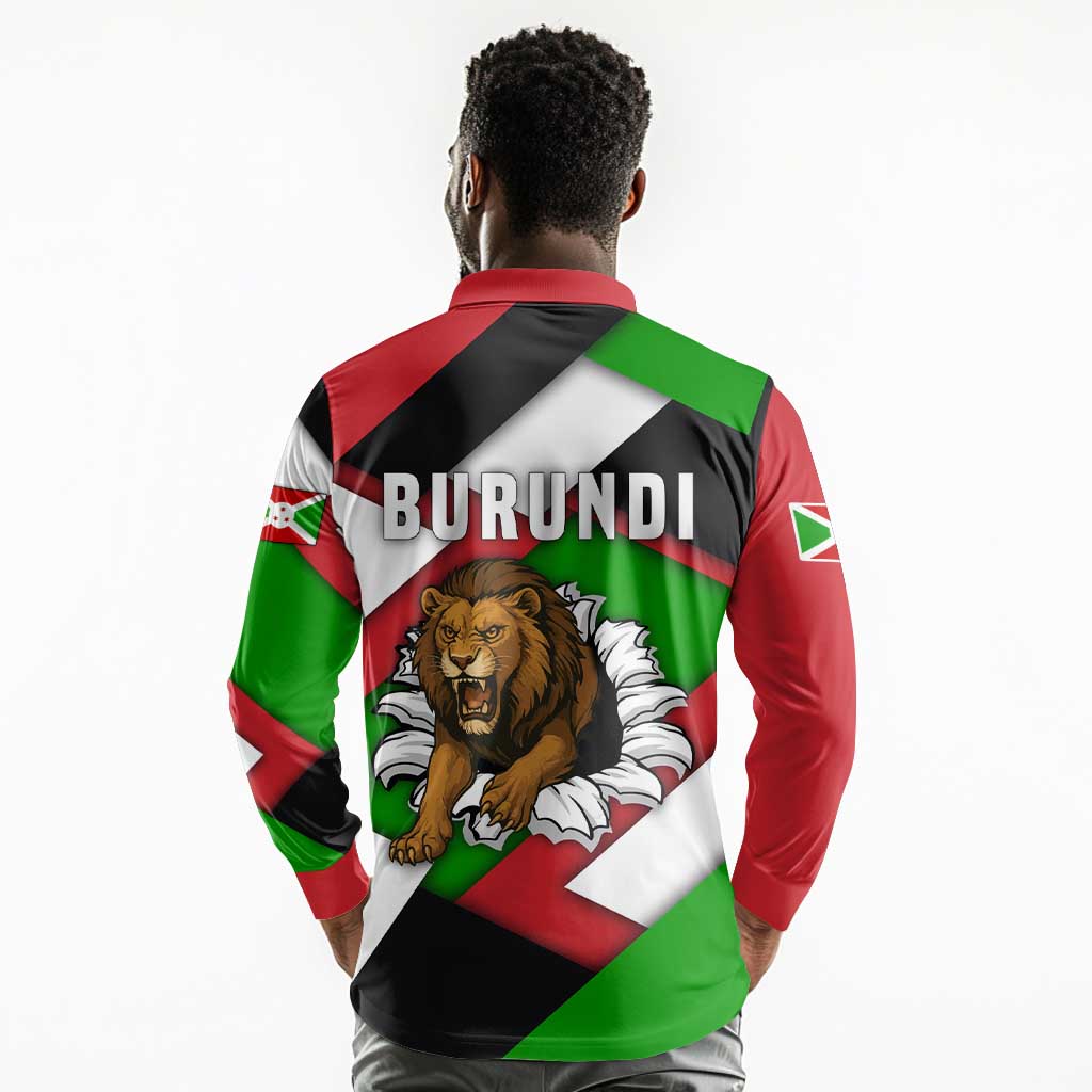 Burundi Roaring Lion Long Sleeve Polo Shirt with National Flag Colors