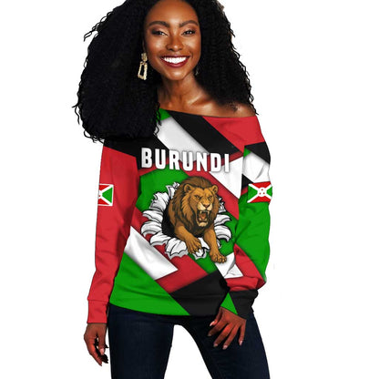 Burundi Roaring Lion Off Shoulder Sweater with National Flag Colors