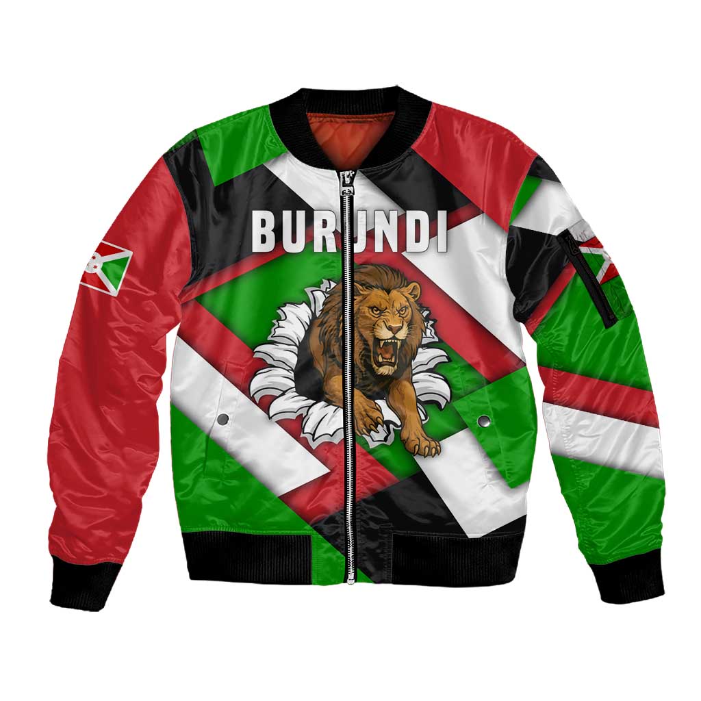 Burundi Roaring Lion Sleeve Zip Bomber Jacket with National Flag Colors