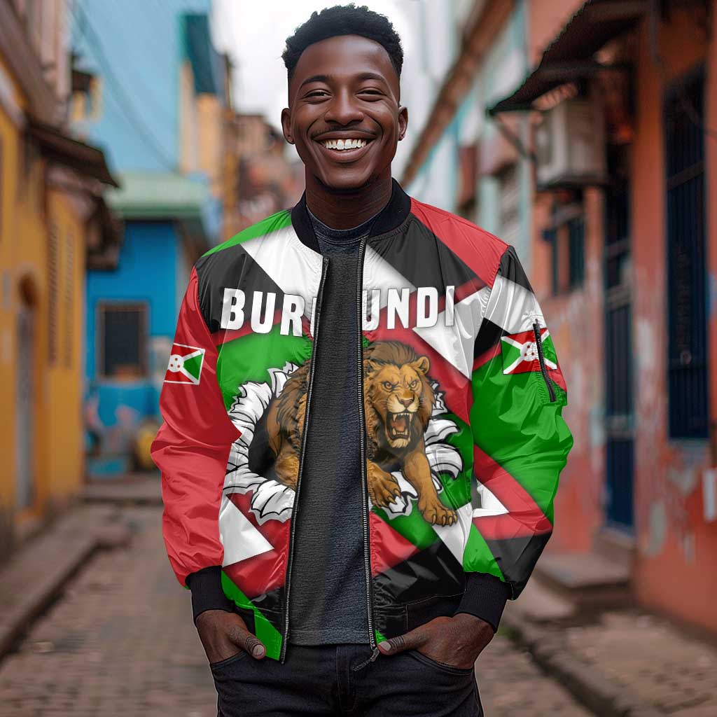 Burundi Roaring Lion Sleeve Zip Bomber Jacket with National Flag Colors