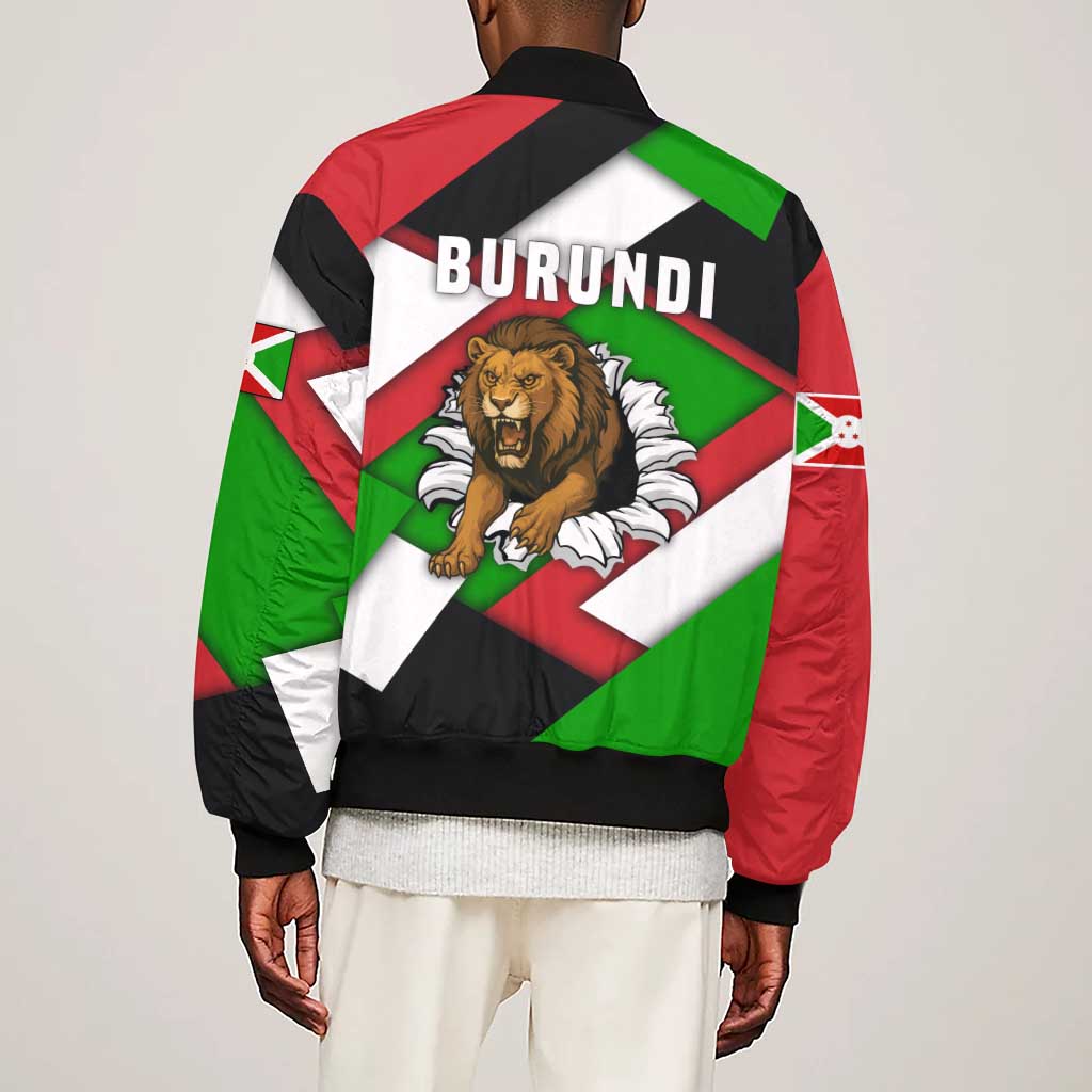 Burundi Roaring Lion Sleeve Zip Bomber Jacket with National Flag Colors