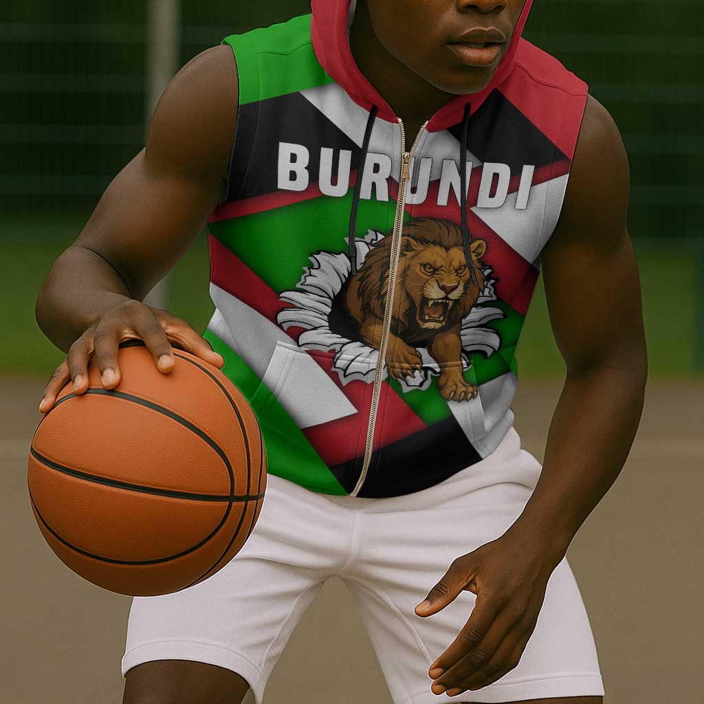 Burundi Roaring Lion Sleeveless Zip Hoodie with National Flag Colors - African Pride