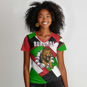 Burundi Roaring Lion Women V-Neck T-Shirt with National Flag Colors