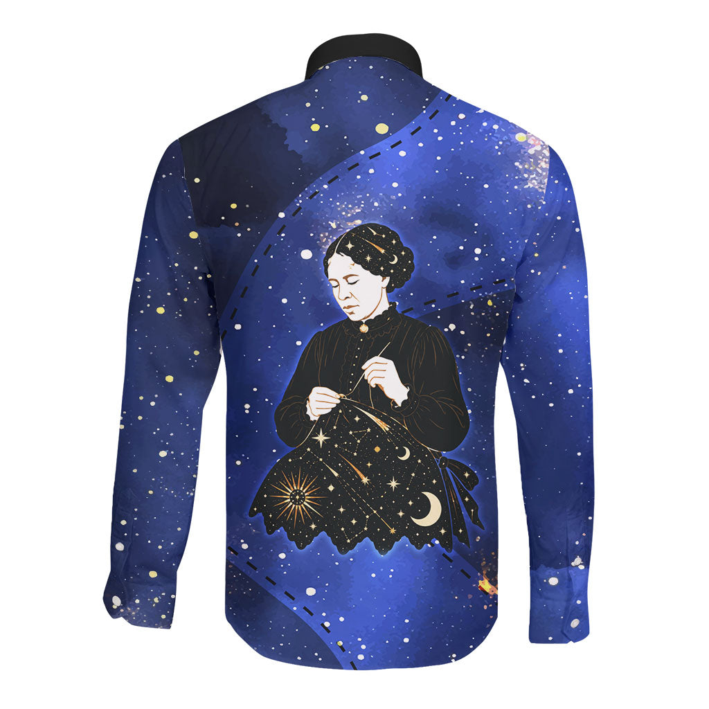 Harriet Powers Long Sleeve Button Shirt African American History - Galaxy Celestial Starry Night - Folk Art Quilter