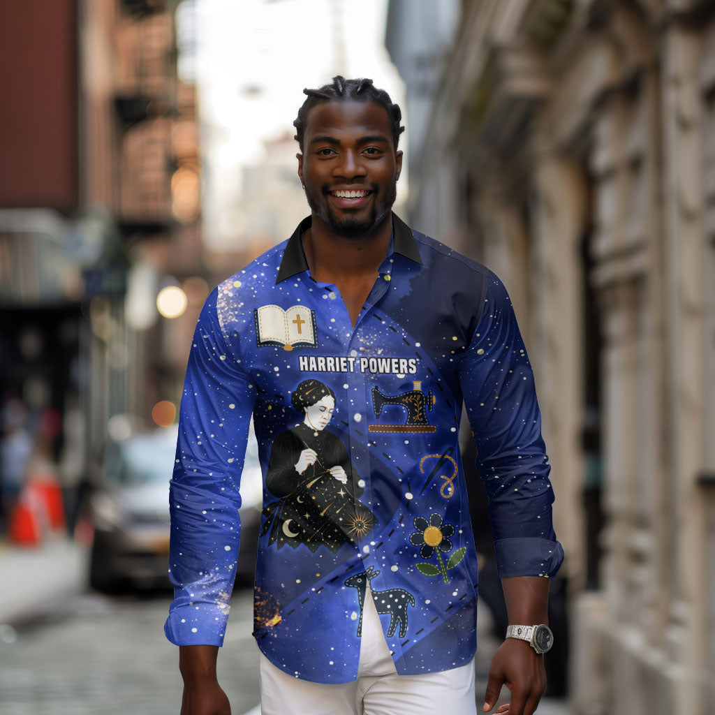 Harriet Powers Long Sleeve Button Shirt African American History - Galaxy Celestial Starry Night - Folk Art Quilter