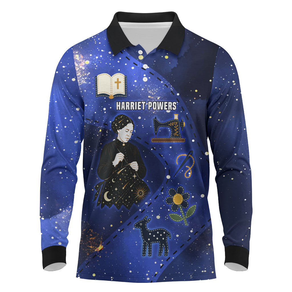 Harriet Powers Long Sleeve Polo Shirt African American History - Galaxy Celestial Starry Night - Folk Art Quilter