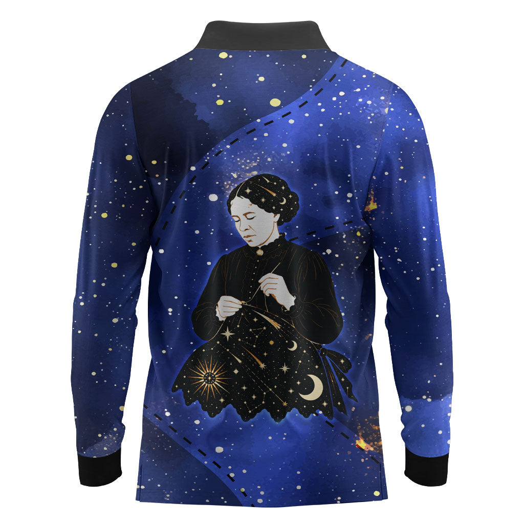 Harriet Powers Long Sleeve Polo Shirt African American History - Galaxy Celestial Starry Night - Folk Art Quilter