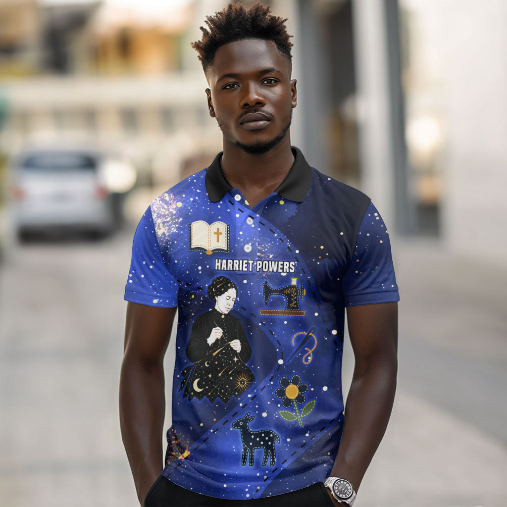 Harriet Powers Polo Shirt African American History - Galaxy Celestial Starry Night - Folk Art Quilter