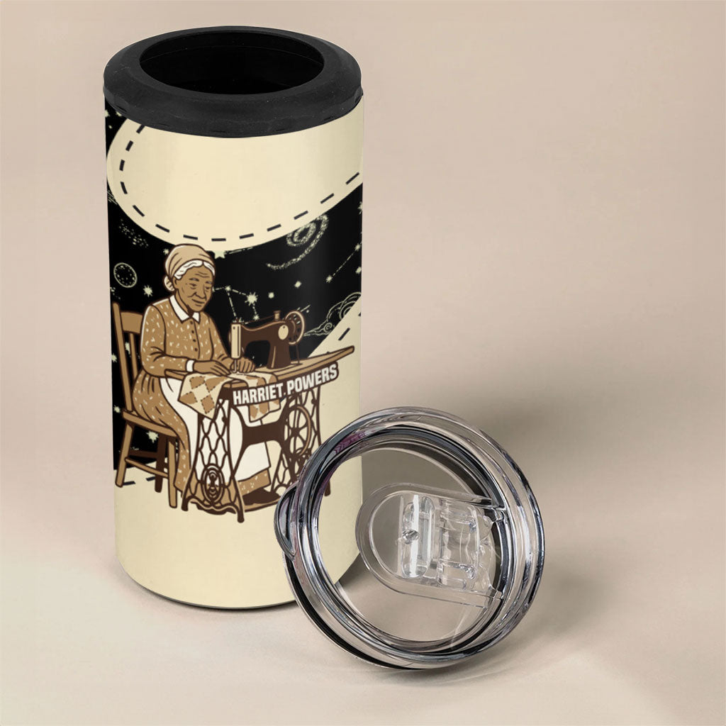 Harriet Powers Celestial Mystery 4 in 1 Can Cooler Tumbler Vintage Line Art - African American Folk Quilt Pattern