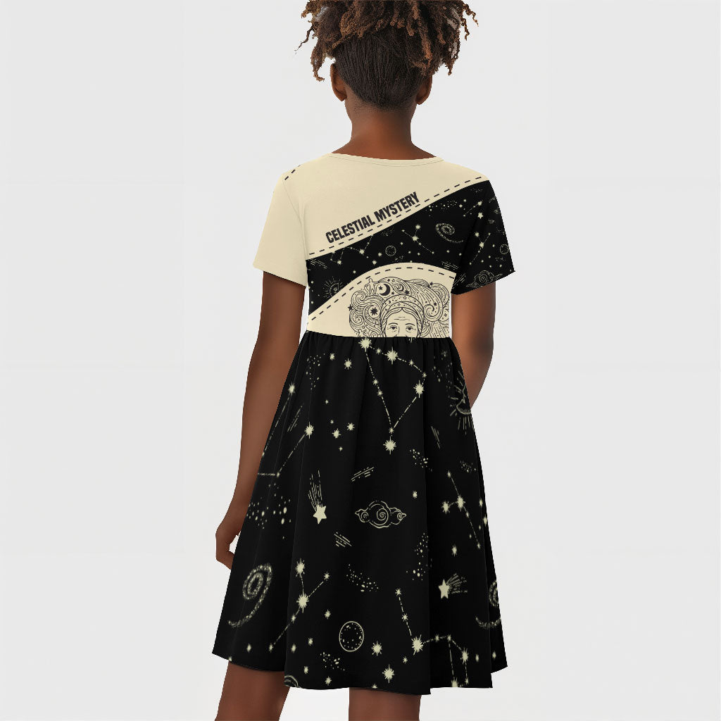 Harriet Powers Celestial Mystery Kid Short Sleeve Dress Vintage Line Art - African American Folk Quilt Pattern