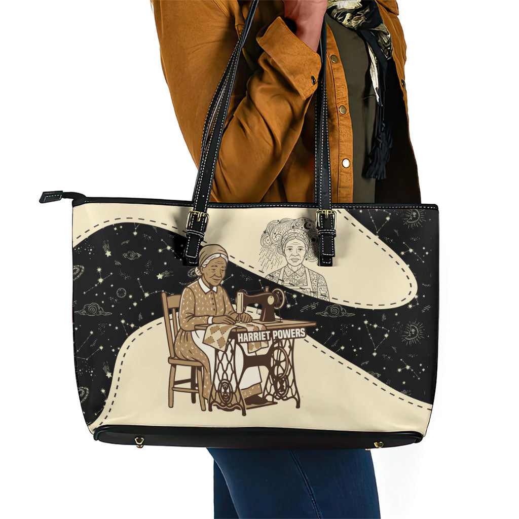 Harriet Powers Celestial Mystery Leather Tote Bag Vintage Line Art - African American Folk Quilt Pattern