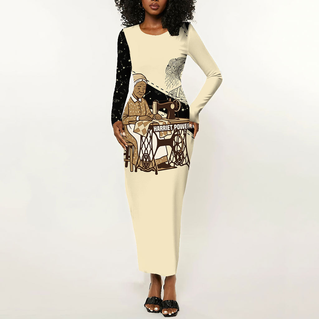 Harriet Powers Celestial Mystery Long Sleeve Bodycon Dress Vintage Line Art - African American Folk Quilt Pattern