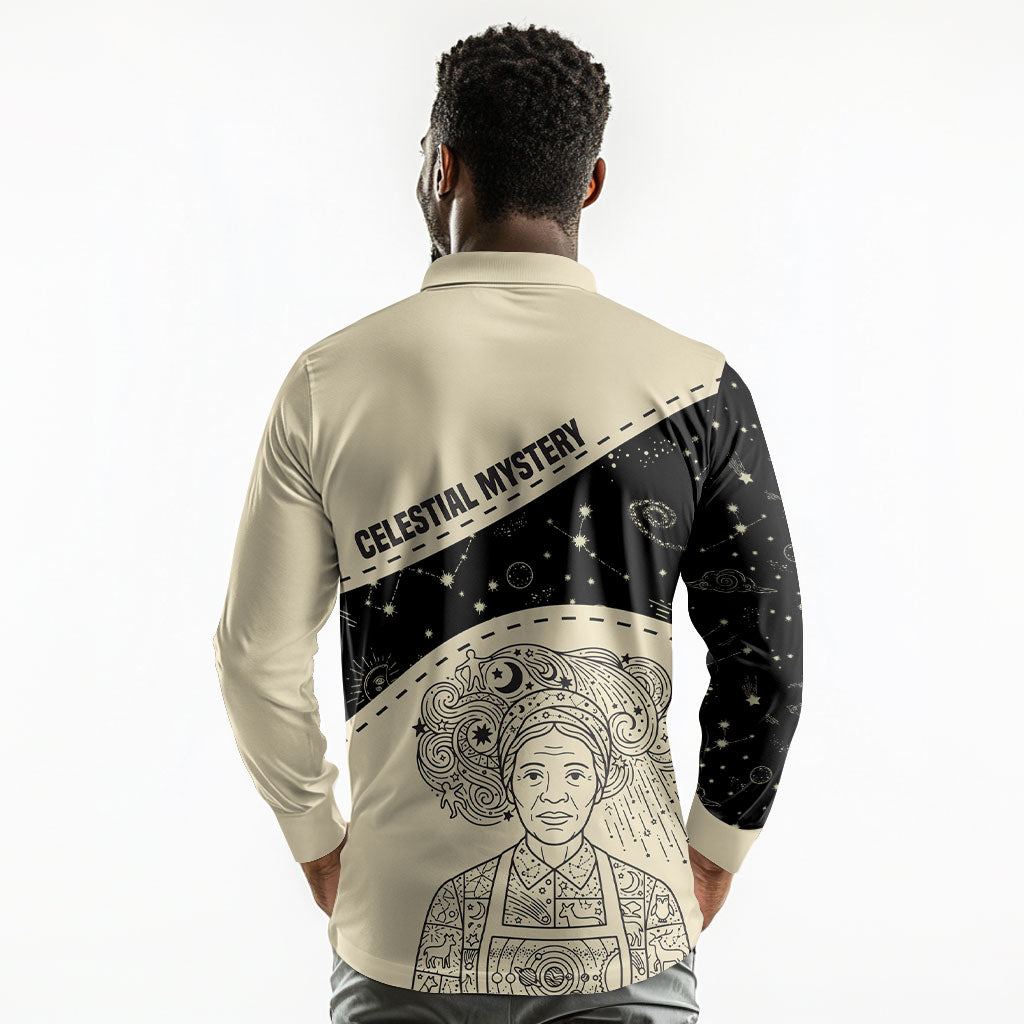 Harriet Powers Celestial Mystery Long Sleeve Polo Shirt Vintage Line Art - African American Folk Quilt Pattern