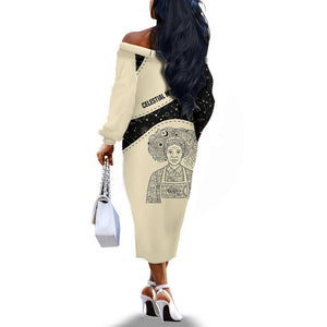 Harriet Powers Celestial Mystery Off The Shoulder Long Sleeve Dress Vintage Line Art - African American Folk Quilt Pattern