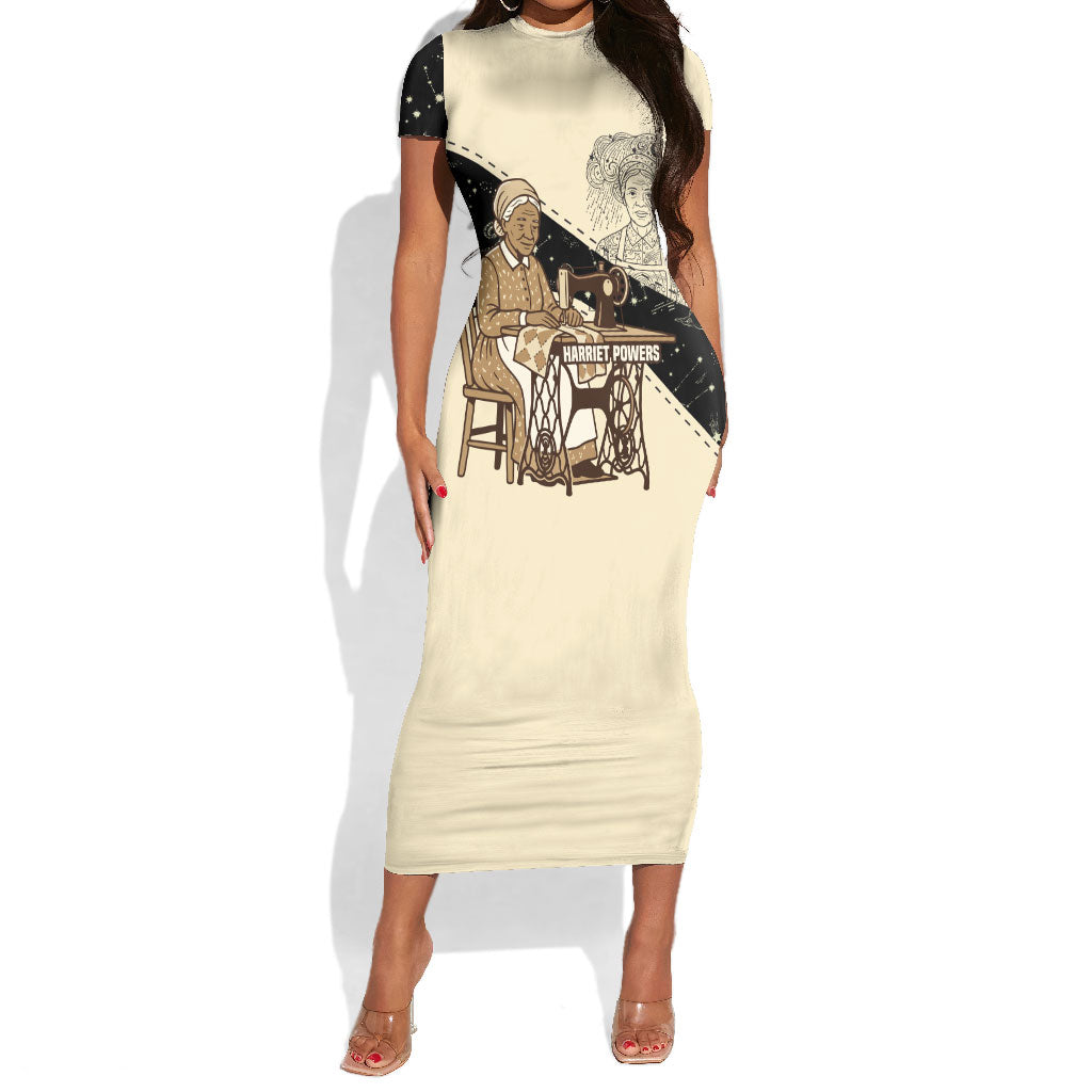 Harriet Powers Celestial Mystery Short Sleeve Bodycon Dress Vintage Line Art - African American Folk Quilt Pattern