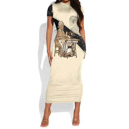 Harriet Powers Celestial Mystery Short Sleeve Bodycon Dress Vintage Line Art - African American Folk Quilt Pattern