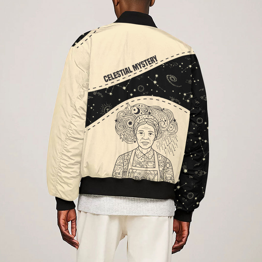 Harriet Powers Celestial Mystery Sleeve Zip Bomber Jacket Vintage Line Art - African American Folk Quilt Pattern