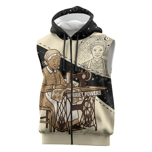 Harriet Powers Celestial Mystery Sleeveless Zip Hoodie Vintage Line Art - African American Folk Quilt Pattern