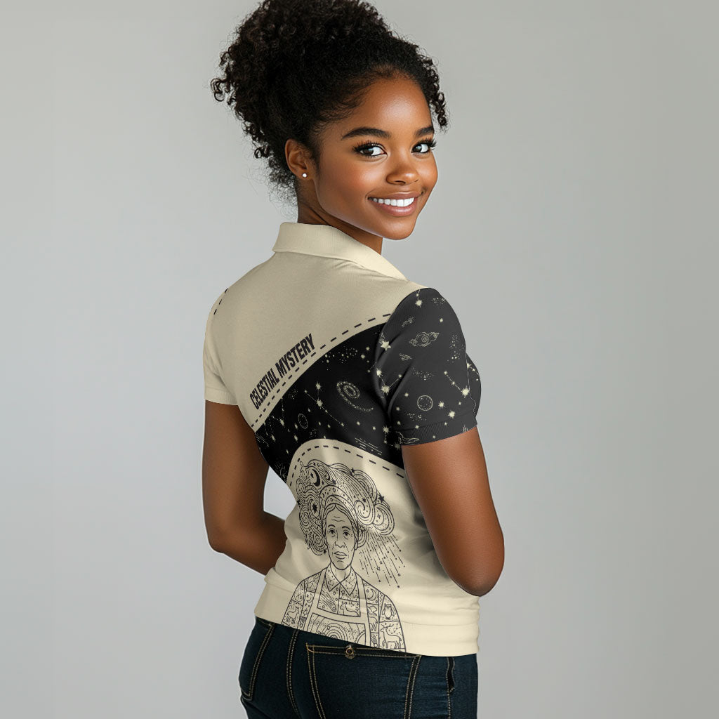 Harriet Powers Celestial Mystery Women Polo Shirt Vintage Line Art - African American Folk Quilt Pattern