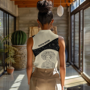 Harriet Powers Celestial Mystery Women Sleeveless Polo Shirt Vintage Line Art - African American Folk Quilt Pattern
