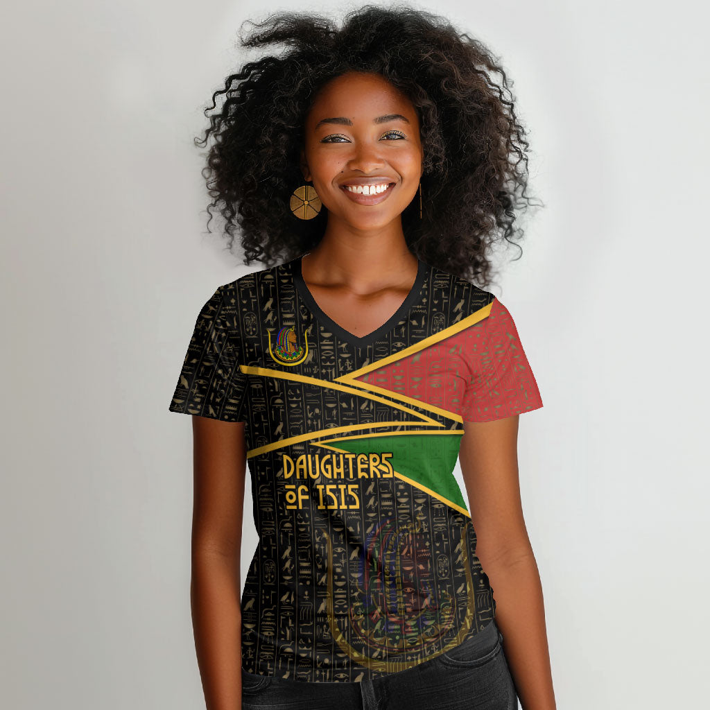 Daughters Of Isis Women V-Neck T-Shirt Ancient Egyptian Queen Hieroglyphic Art