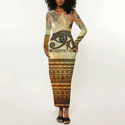 Daughters Of Isis Long Sleeve Bodycon Dress Eye Of Horus Ancient Egyptian Goddess - Vintage Parchment Art