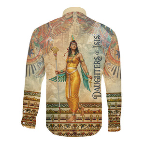 Daughters Of Isis Long Sleeve Button Shirt Eye Of Horus Ancient Egyptian Goddess - Vintage Parchment Art