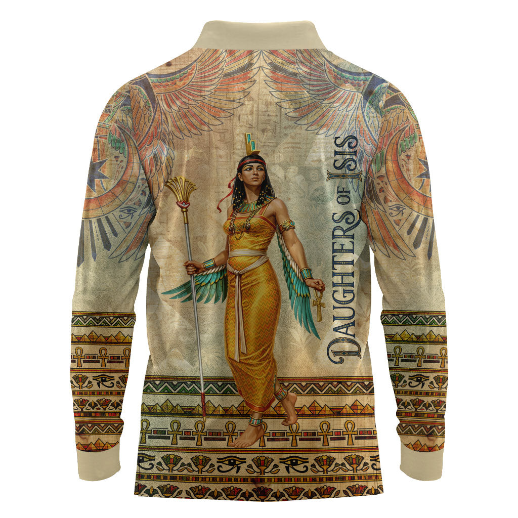 Daughters Of Isis Long Sleeve Polo Shirt Eye Of Horus Ancient Egyptian Goddess - Vintage Parchment Art
