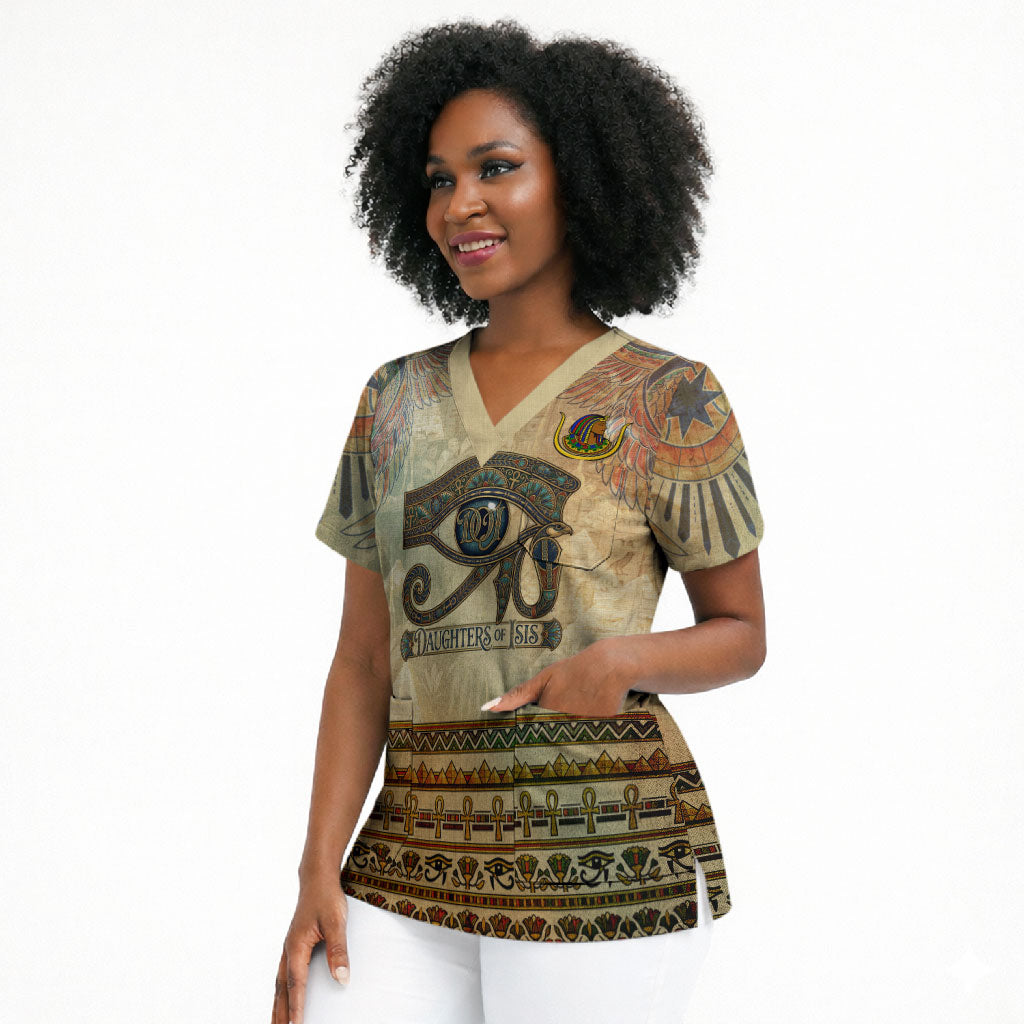 Daughters Of Isis Scrub Top Eye Of Horus Ancient Egyptian Goddess - Vintage Parchment Art