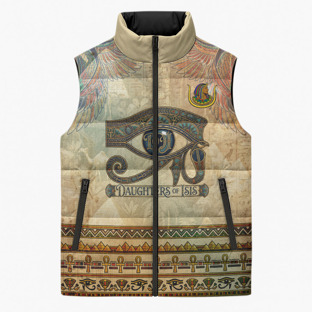Daughters Of Isis Sleeveless Puffer Jacket Eye Of Horus Ancient Egyptian Goddess - Vintage Parchment Art