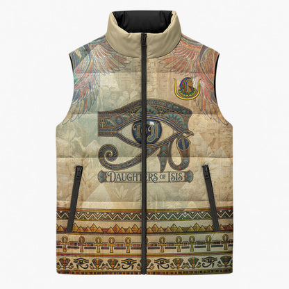 Daughters Of Isis Sleeveless Puffer Jacket Eye Of Horus Ancient Egyptian Goddess - Vintage Parchment Art