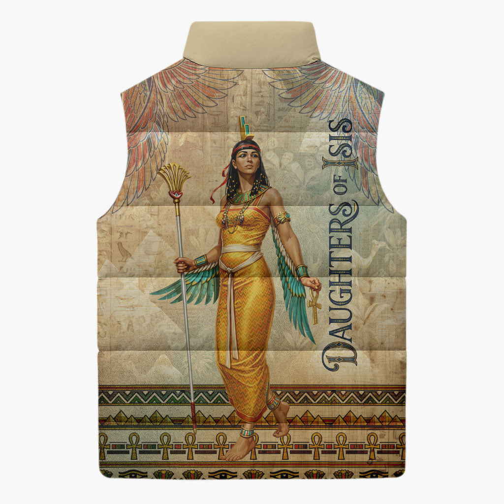 Daughters Of Isis Sleeveless Puffer Jacket Eye Of Horus Ancient Egyptian Goddess - Vintage Parchment Art