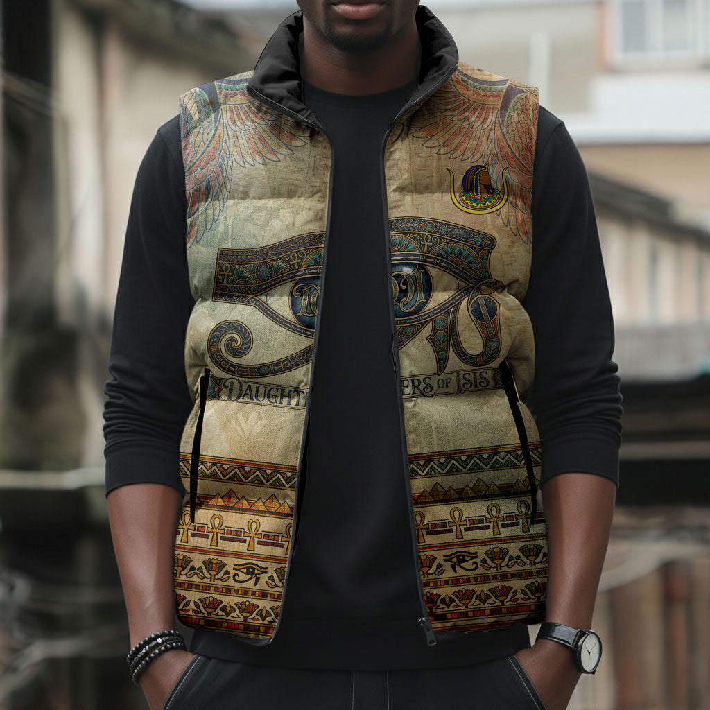 Daughters Of Isis Sleeveless Puffer Jacket Eye Of Horus Ancient Egyptian Goddess - Vintage Parchment Art
