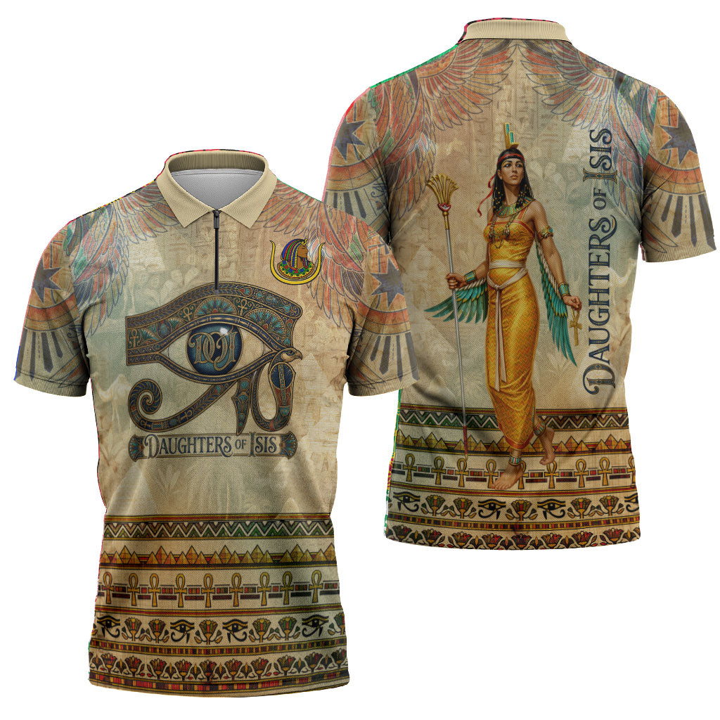 Daughters Of Isis Zipper Polo Shirt Eye Of Horus Ancient Egyptian Goddess - Vintage Parchment Art