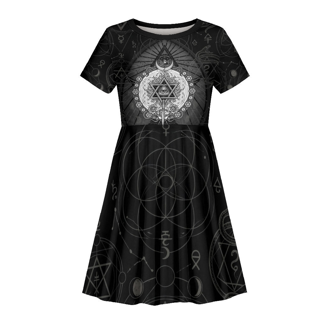 Ordo Templi Orientis Occult Symbolism Kid Short Sleeve Dress Esoteric Alchemy Sacred Geometry Black