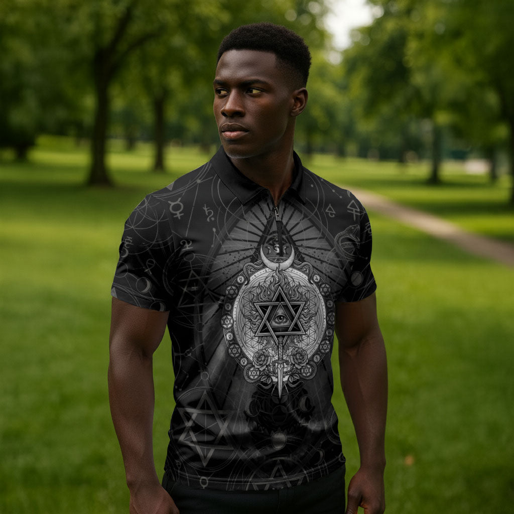 Ordo Templi Orientis Occult Symbolism Zipper Polo Shirt Esoteric Alchemy Sacred Geometry Black