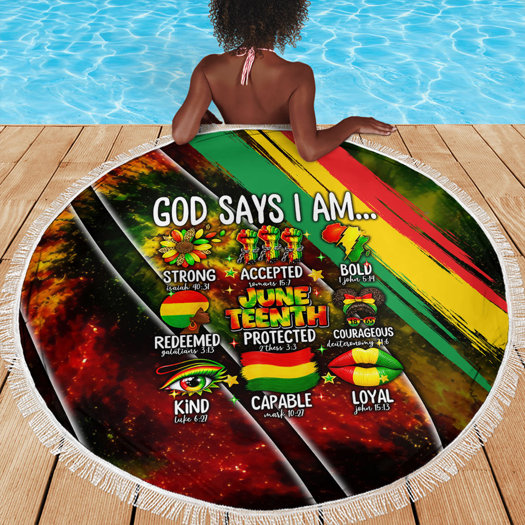 Juneteenth God Says I Am Christian Freedom Beach Blanket Pan African Flag Colors Tie Dye Galaxy
