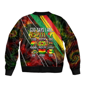 Juneteenth God Says I Am Christian Freedom Bomber Jacket Pan African Flag Colors Tie Dye Galaxy