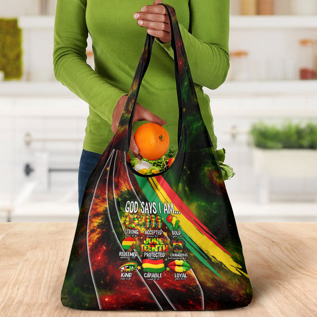 Juneteenth God Says I Am Christian Freedom Grocery Bag Pan African Flag Colors Tie Dye Galaxy