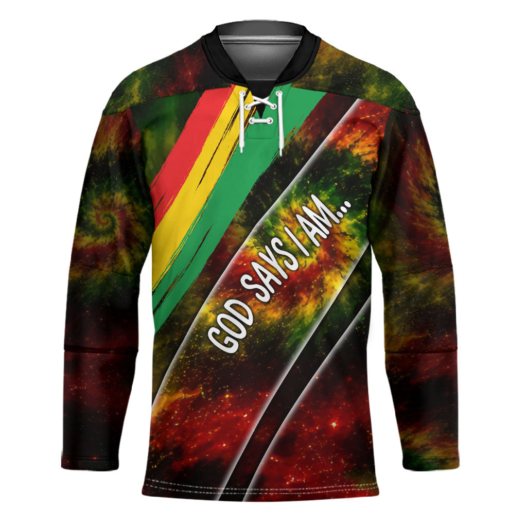 Juneteenth God Says I Am Christian Freedom Hockey Jersey Pan African Flag Colors Tie Dye Galaxy