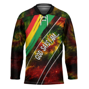 Juneteenth God Says I Am Christian Freedom Hockey Jersey Pan African Flag Colors Tie Dye Galaxy