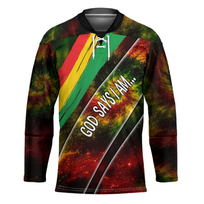 Juneteenth God Says I Am Christian Freedom Hockey Jersey Pan African Flag Colors Tie Dye Galaxy