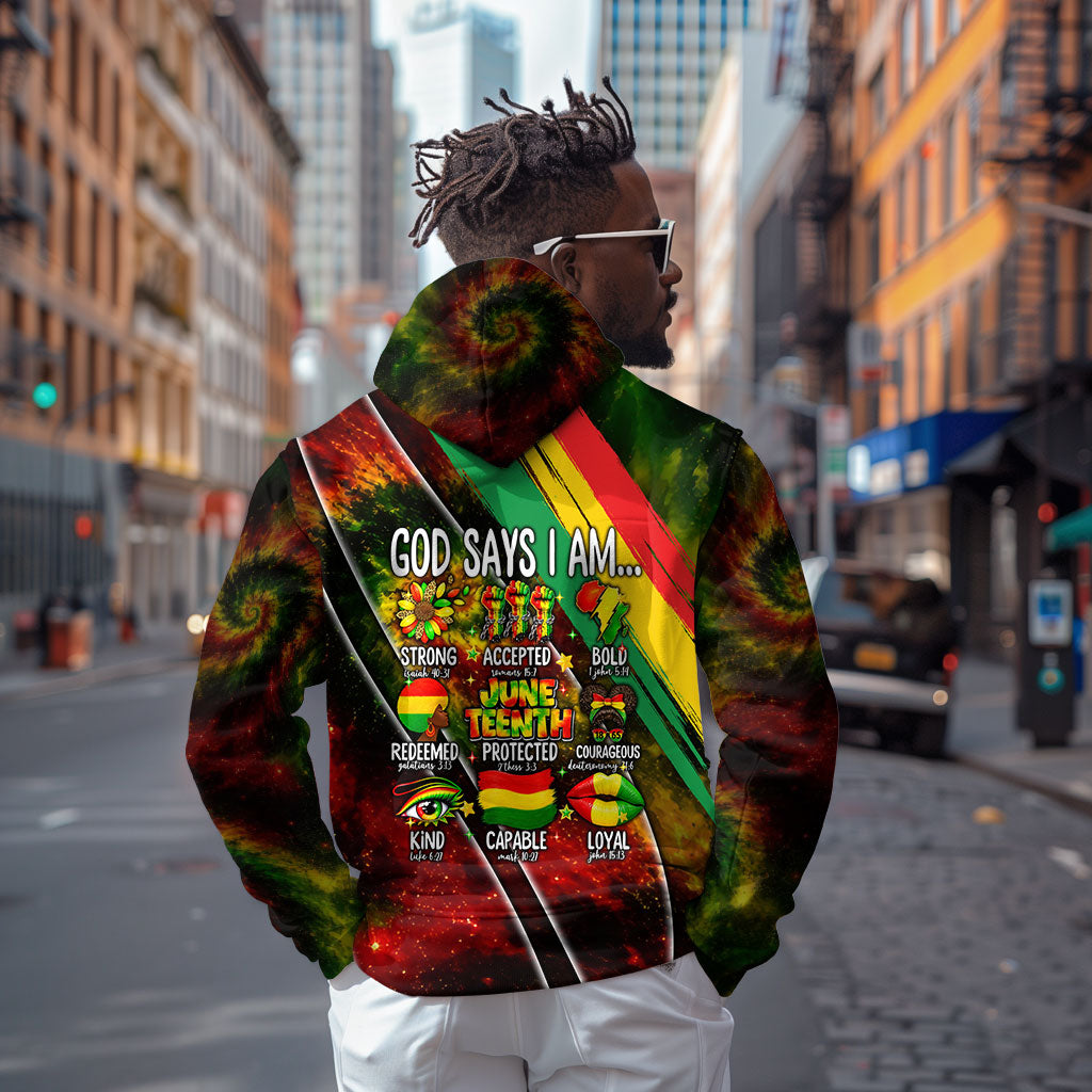 Juneteenth God Says I Am Christian Freedom Hoodie Pan African Flag Colors Tie Dye Galaxy