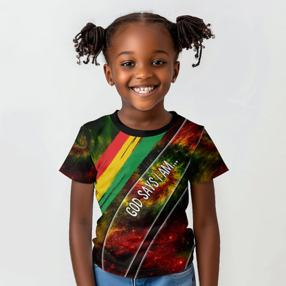 Juneteenth God Says I Am Christian Freedom Kid T shirt Pan African Flag Colors Tie Dye Galaxy