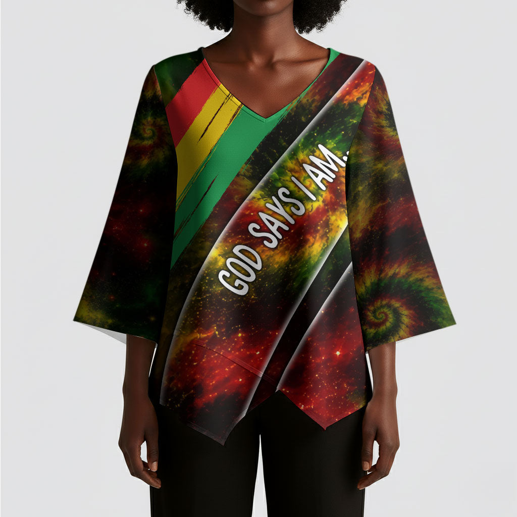 Juneteenth God Says I Am Christian Freedom Kimono Sleeve Blouse Pan African Flag Colors Tie Dye Galaxy