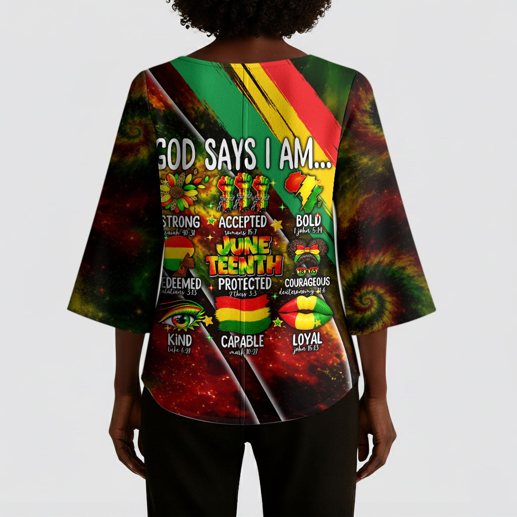 Juneteenth God Says I Am Christian Freedom Kimono Sleeve Blouse Pan African Flag Colors Tie Dye Galaxy