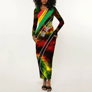 Juneteenth God Says I Am Christian Freedom Long Sleeve Bodycon Dress Pan African Flag Colors Tie Dye Galaxy